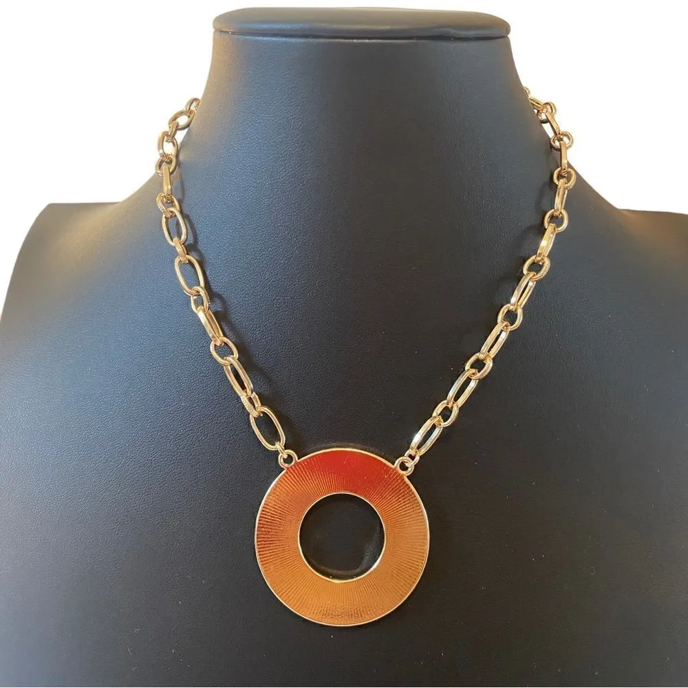 Open Circle Faux Abalone Gold Toned Pendant Necklace.